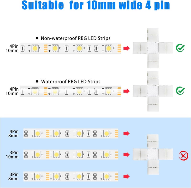 Yetaida 10Pack X-Shaped 4-Pin 10mm LED Strip Lights Connectors - Solderless, Extendable Terminal Adapters for SMD 5050 & 3528 RGB LED Strip Lights - Ideal for Various DIY Lighting Projects - Image 5